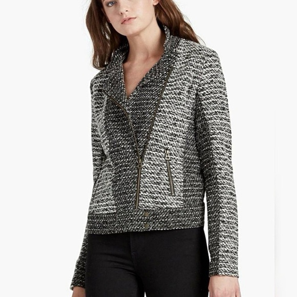 NWOT Lucky Brand Black and Gray Tweed Moto Blazer, Size Medium